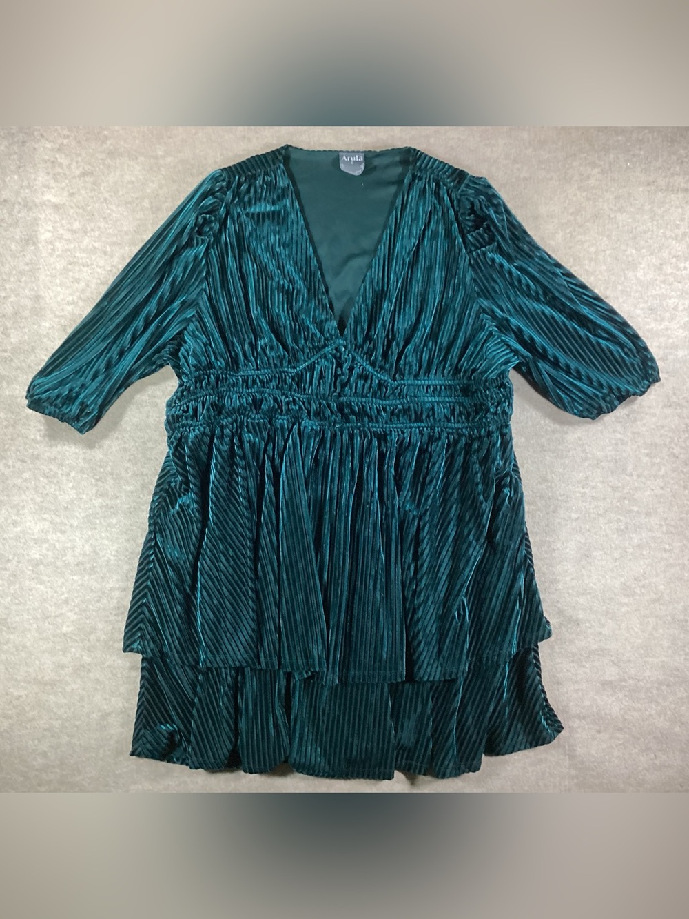 ARULA Teal Pleated Velvet V-Neck Tunic